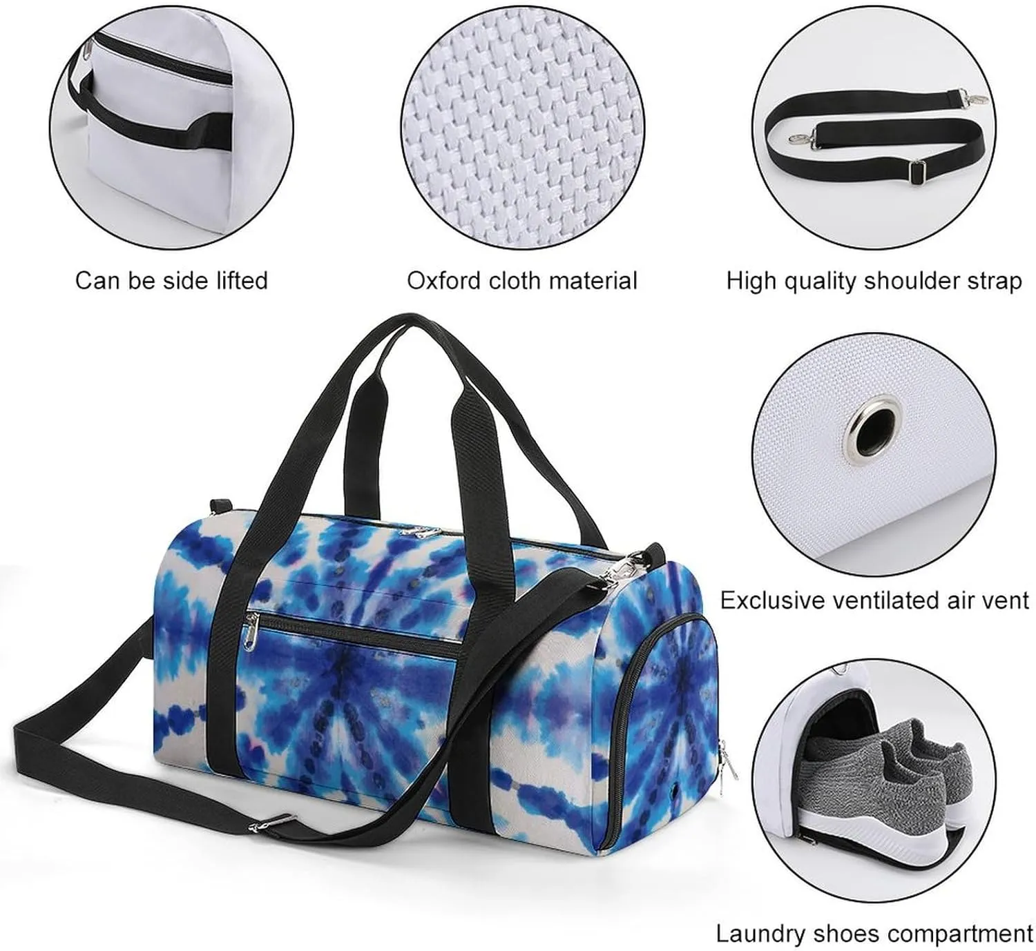 Blue Hippie Tie Dye Stripe Fitness Large Gym Bag for Unisex with Shoe Compartment & Wet Pocket