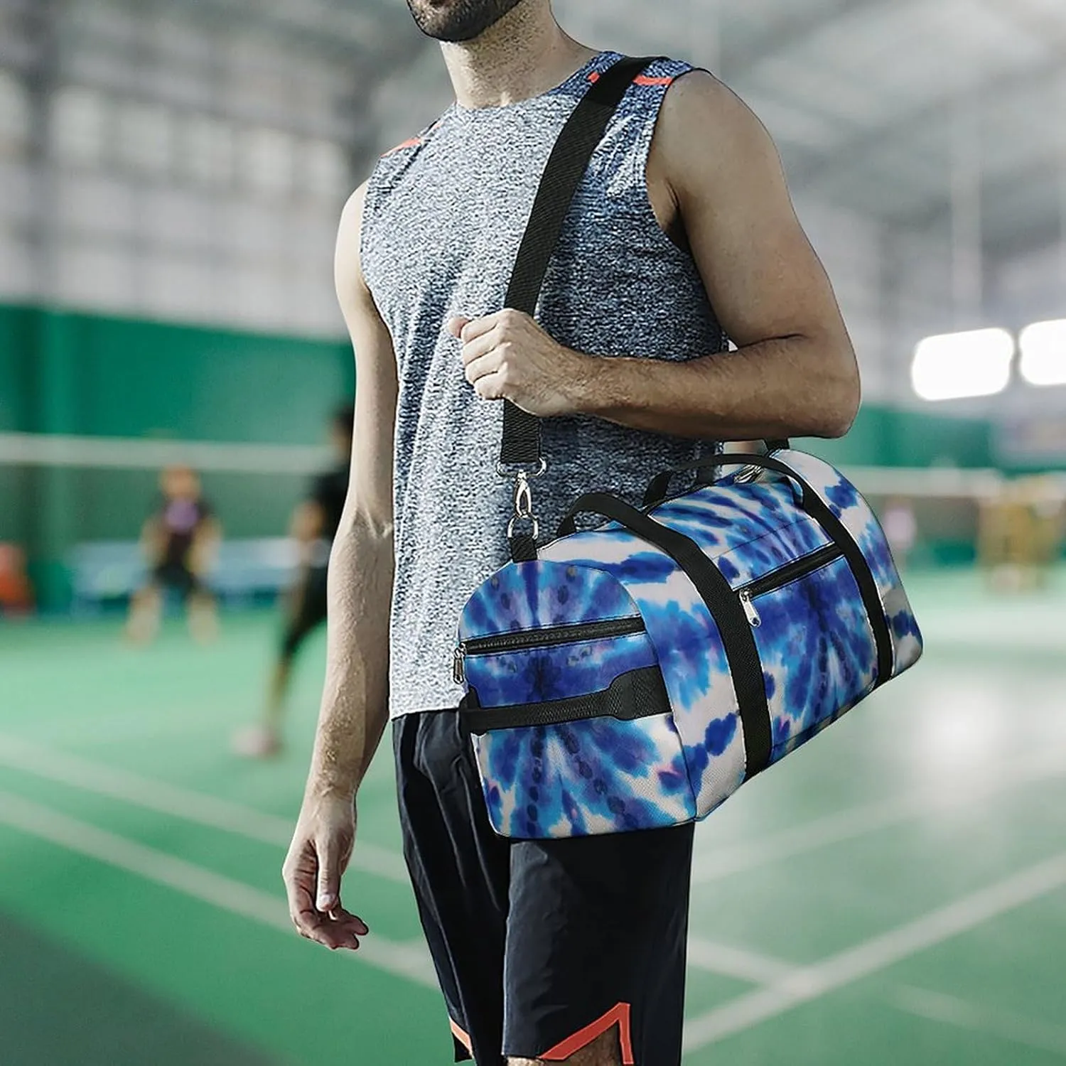 Blue Hippie Tie Dye Stripe Fitness Large Gym Bag for Unisex with Shoe Compartment & Wet Pocket