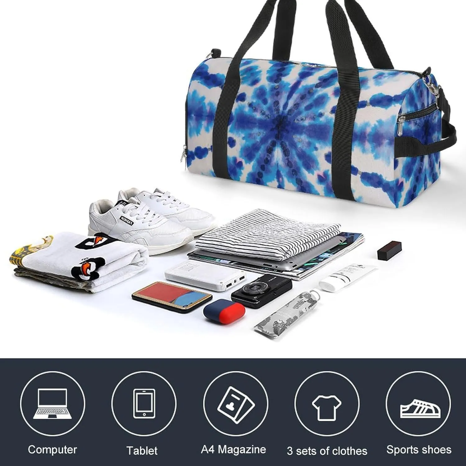 Blue Hippie Tie Dye Stripe Fitness Large Gym Bag for Unisex with Shoe Compartment & Wet Pocket