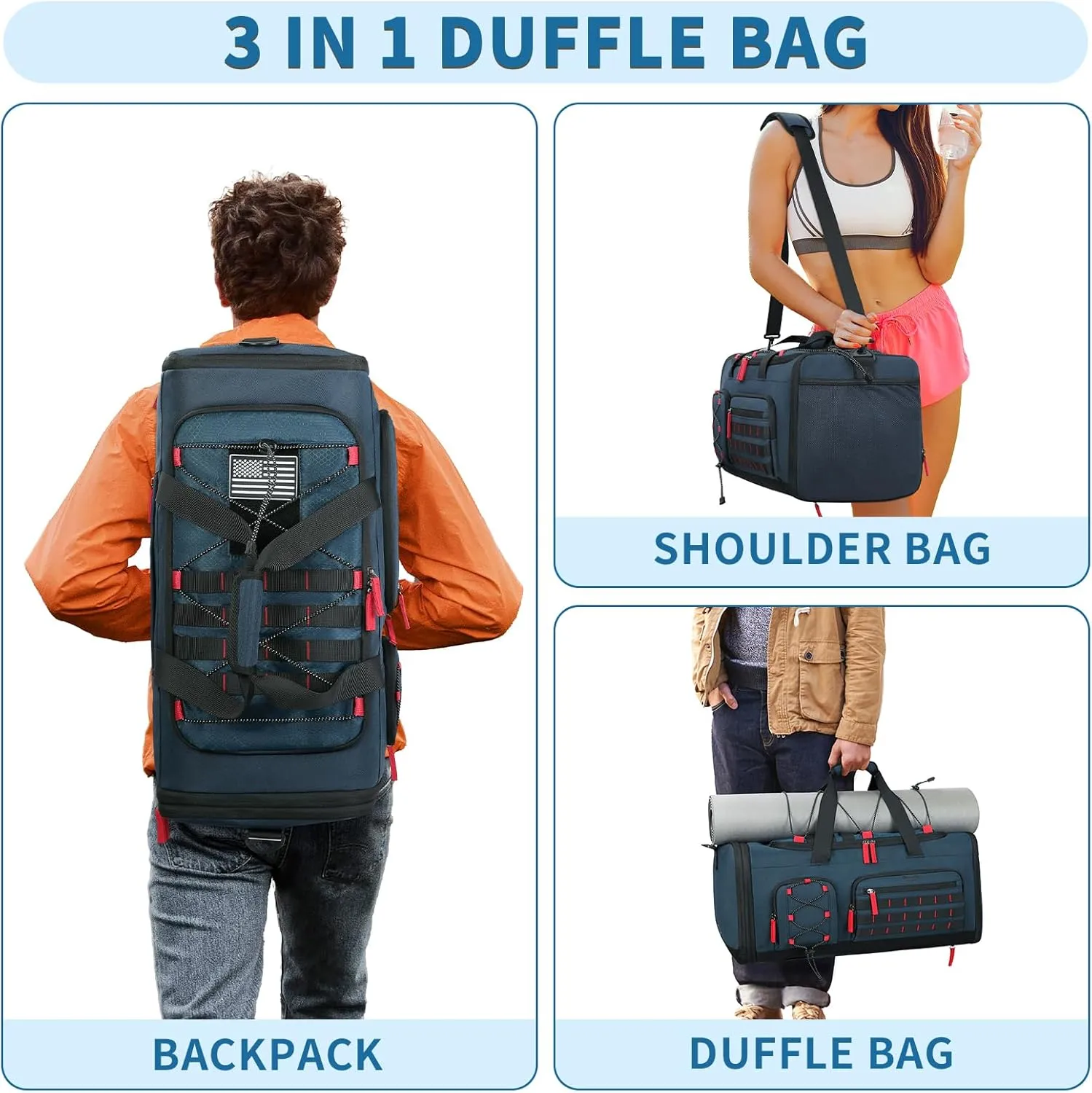 Bosstin Gym Bag for Men & Women,45L Travel Duffle Sports Duffel Bag Gym Weekender Overnight Backpack with Shoe Compartment (Blue)