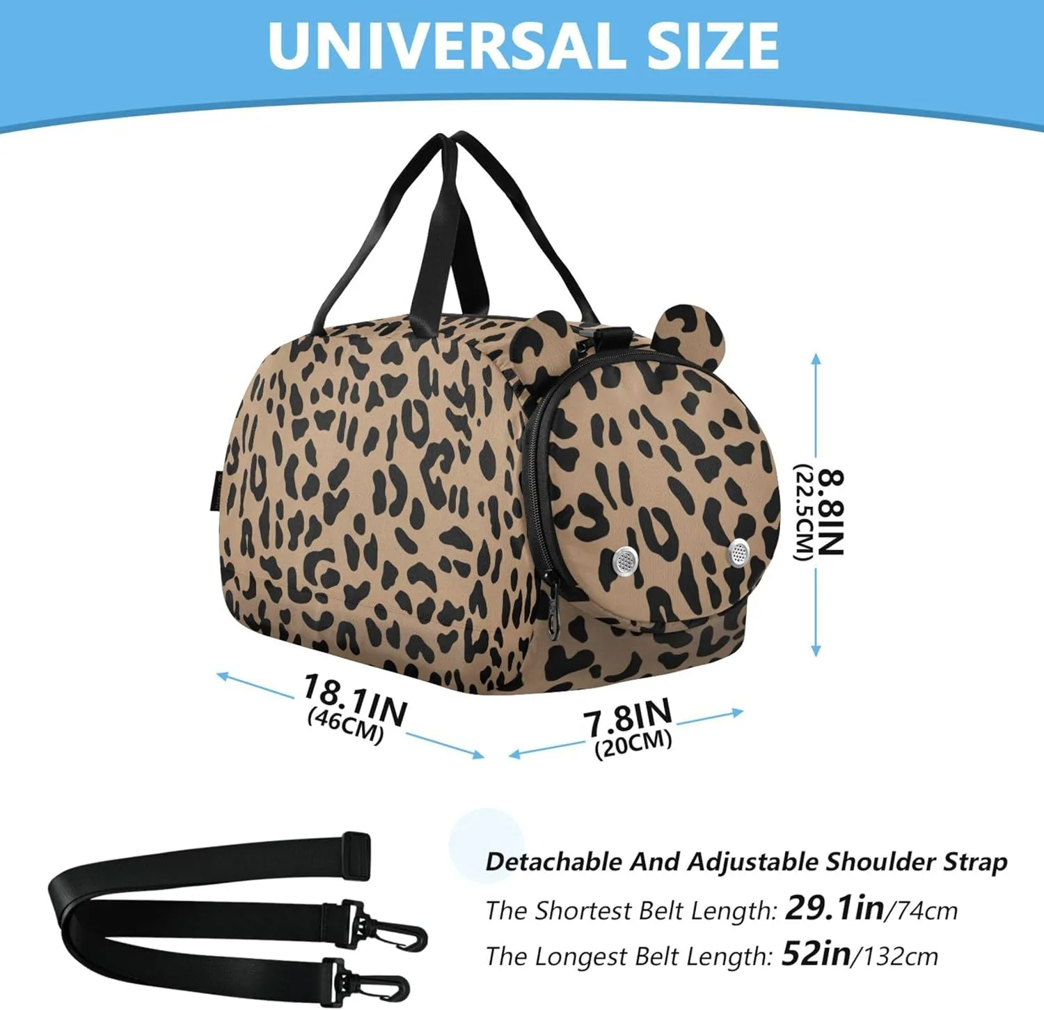 Brown Leopard Girl's Gym Duffel Bag with Shoes Compartment Multifunctional Kids Overnight Bag for Travel, Swimming, Dance, Ballet