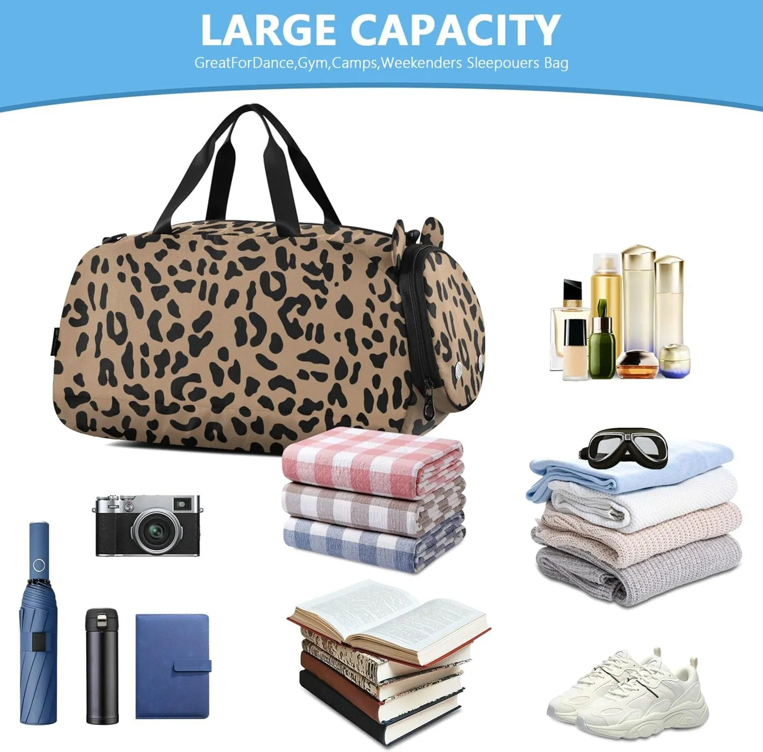 Brown Leopard Girl's Gym Duffel Bag with Shoes Compartment Multifunctional Kids Overnight Bag for Travel, Swimming, Dance, Ballet