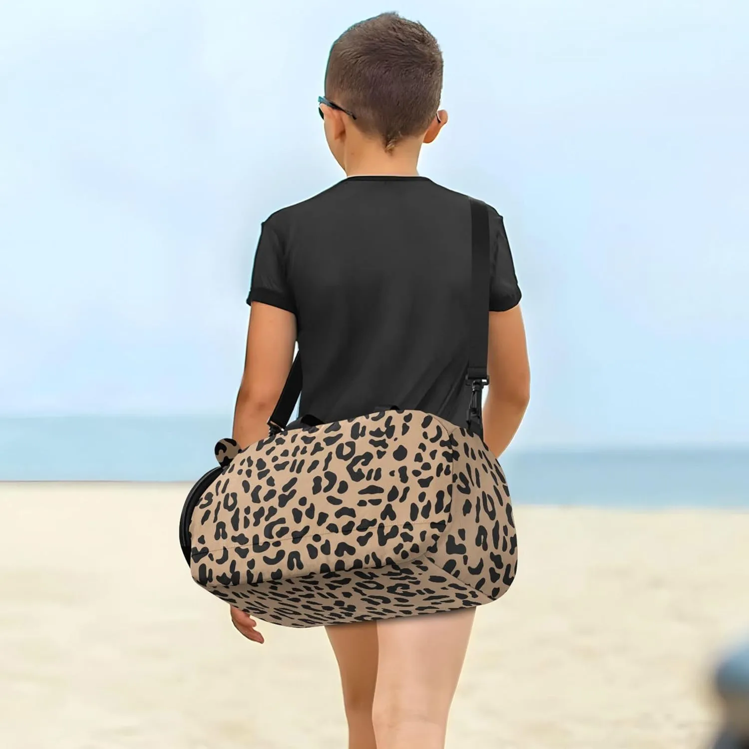 Brown Leopard Girl's Gym Duffel Bag with Shoes Compartment Multifunctional Kids Overnight Bag for Travel, Swimming, Dance, Ballet