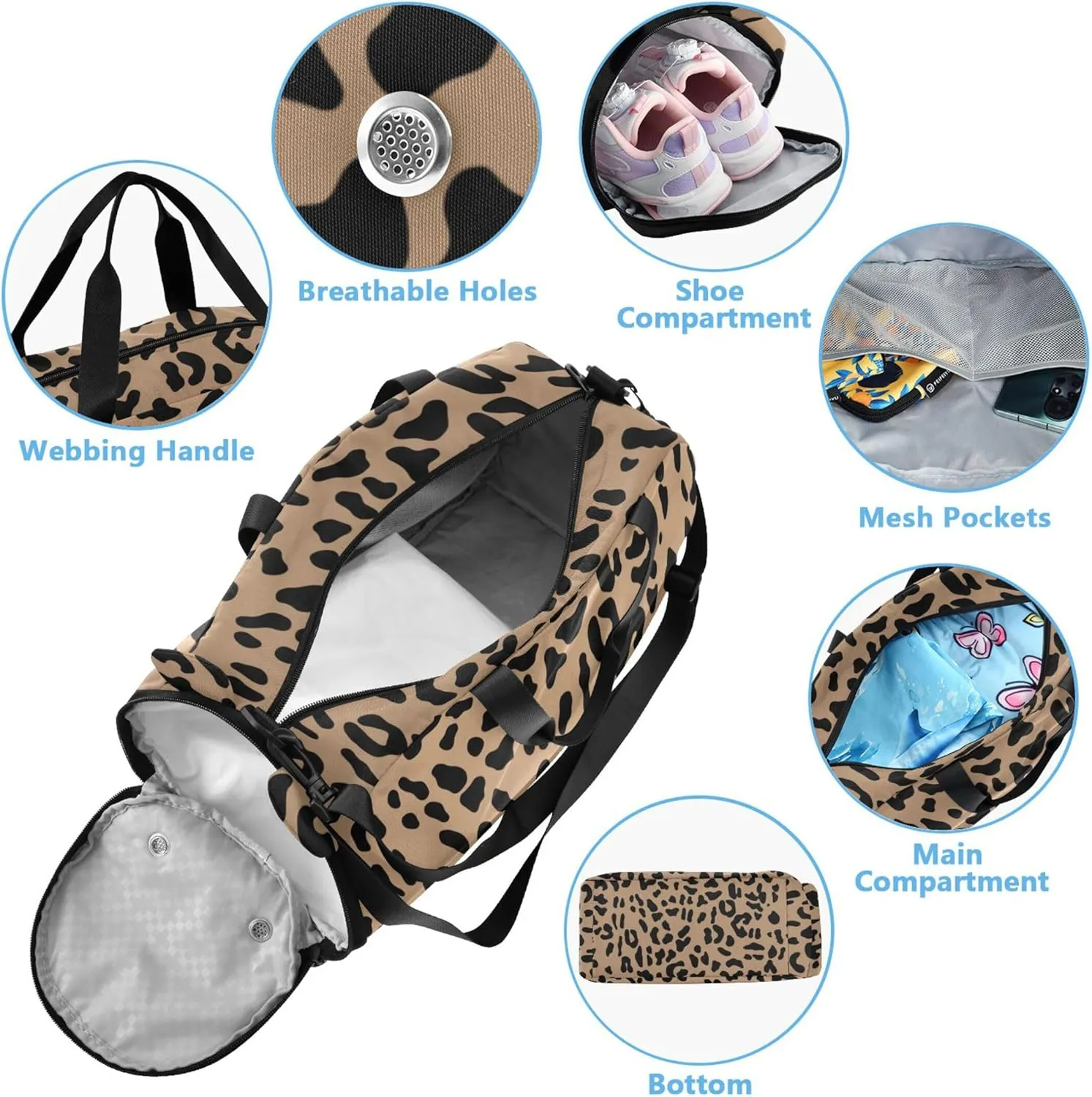Brown Leopard Girl's Gym Duffel Bag with Shoes Compartment Multifunctional Kids Overnight Bag for Travel, Swimming, Dance, Ballet