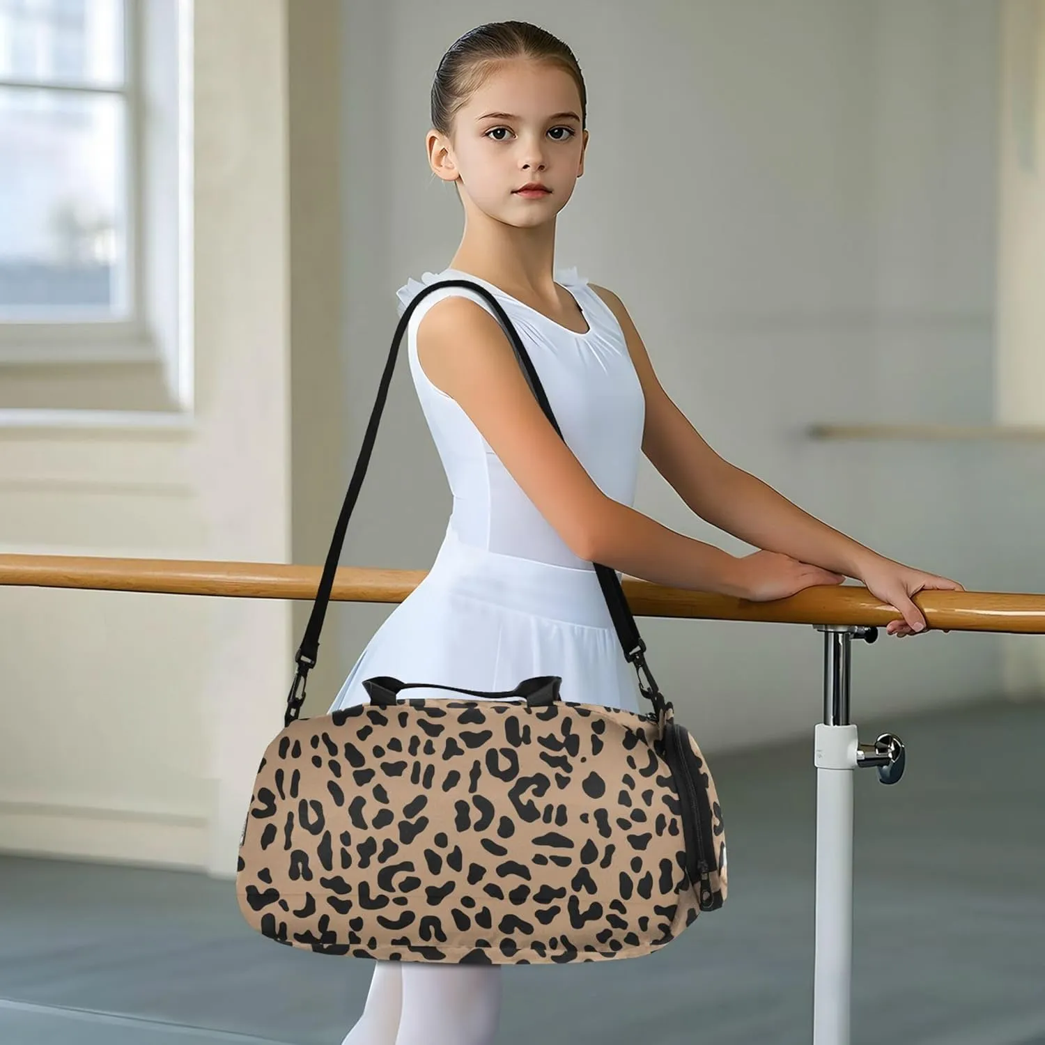 Brown Leopard Girl's Gym Duffel Bag with Shoes Compartment Multifunctional Kids Overnight Bag for Travel, Swimming, Dance, Ballet