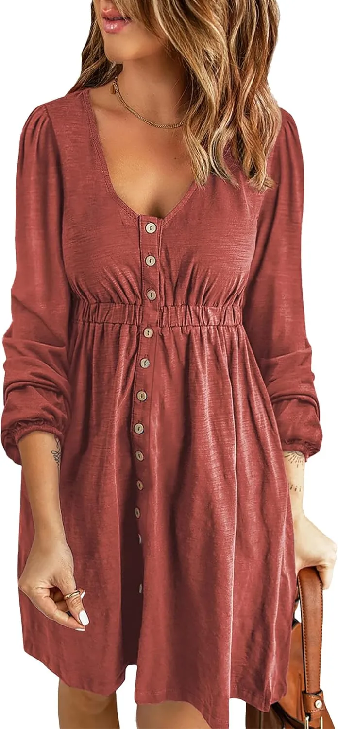 BTFBM Women 2025 Casual Button Down Summer Spring Dresses Long Sleeve Crew Neck Solid High Waist Short Tunic Mini Dress