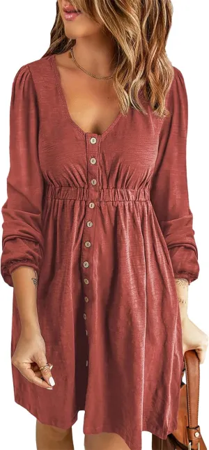 BTFBM Women 2025 Casual Button Down Summer Spring Dresses Long Sleeve Crew Neck Solid High Waist Short Tunic Mini Dress