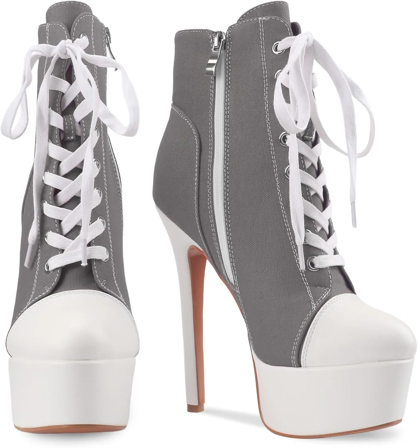 Canvas Ankle Boots Platform Lace-Up Short Boot Stiletto High Heel Closed Round Toe Sneaker Booties with Side Zipper for Women Ladies Sexy Spring Summer
