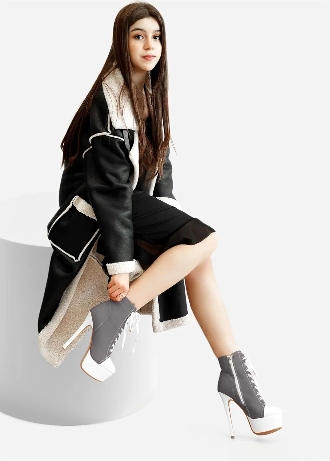 Canvas Ankle Boots Platform Lace-Up Short Boot Stiletto High Heel Closed Round Toe Sneaker Booties with Side Zipper for Women Ladies Sexy Spring Summer