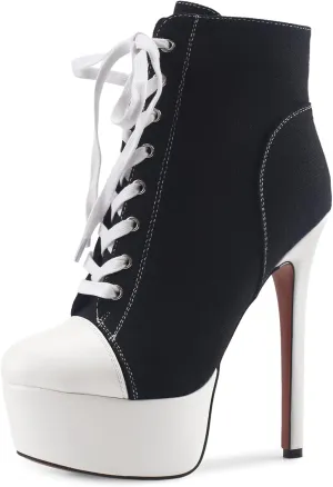 Canvas Ankle Boots Platform Lace-Up Short Boot Stiletto High Heel Closed Round Toe Sneaker Booties with Side Zipper for Women Ladies Sexy Spring Summer