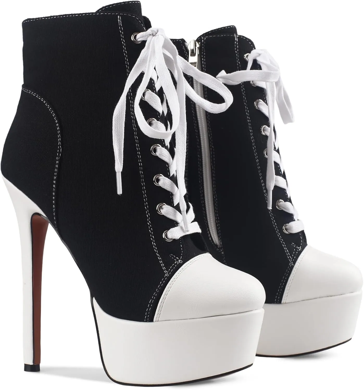 Canvas Ankle Boots Platform Lace-Up Short Boot Stiletto High Heel Closed Round Toe Sneaker Booties with Side Zipper for Women Ladies Sexy Spring Summer