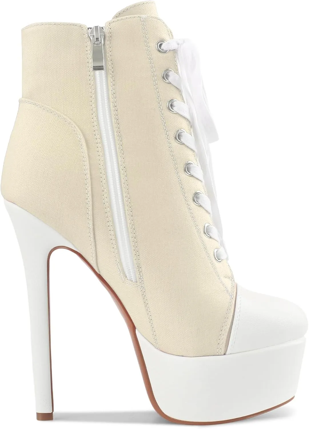 Canvas Ankle Boots Platform Lace-Up Short Boot Stiletto High Heel Closed Round Toe Sneaker Booties with Side Zipper for Women Ladies Sexy Spring Summer