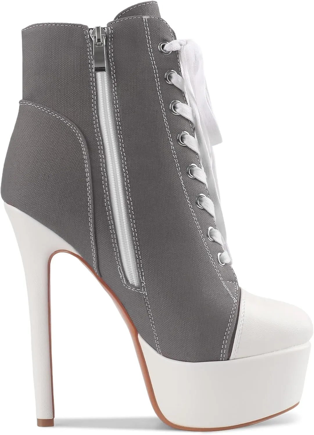 Canvas Ankle Boots Platform Lace-Up Short Boot Stiletto High Heel Closed Round Toe Sneaker Booties with Side Zipper for Women Ladies Sexy Spring Summer