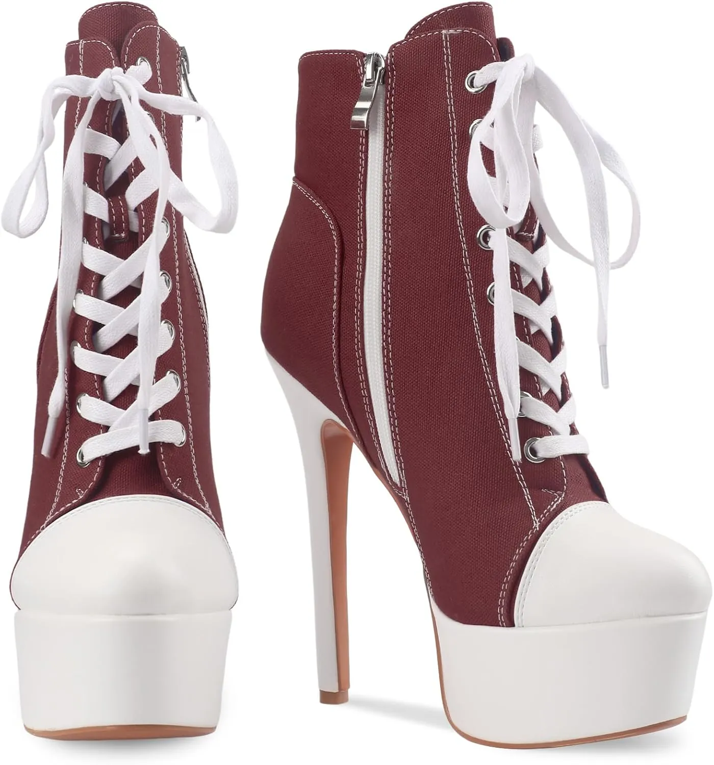 Canvas Ankle Boots Platform Lace-Up Short Boot Stiletto High Heel Closed Round Toe Sneaker Booties with Side Zipper for Women Ladies Sexy Spring Summer