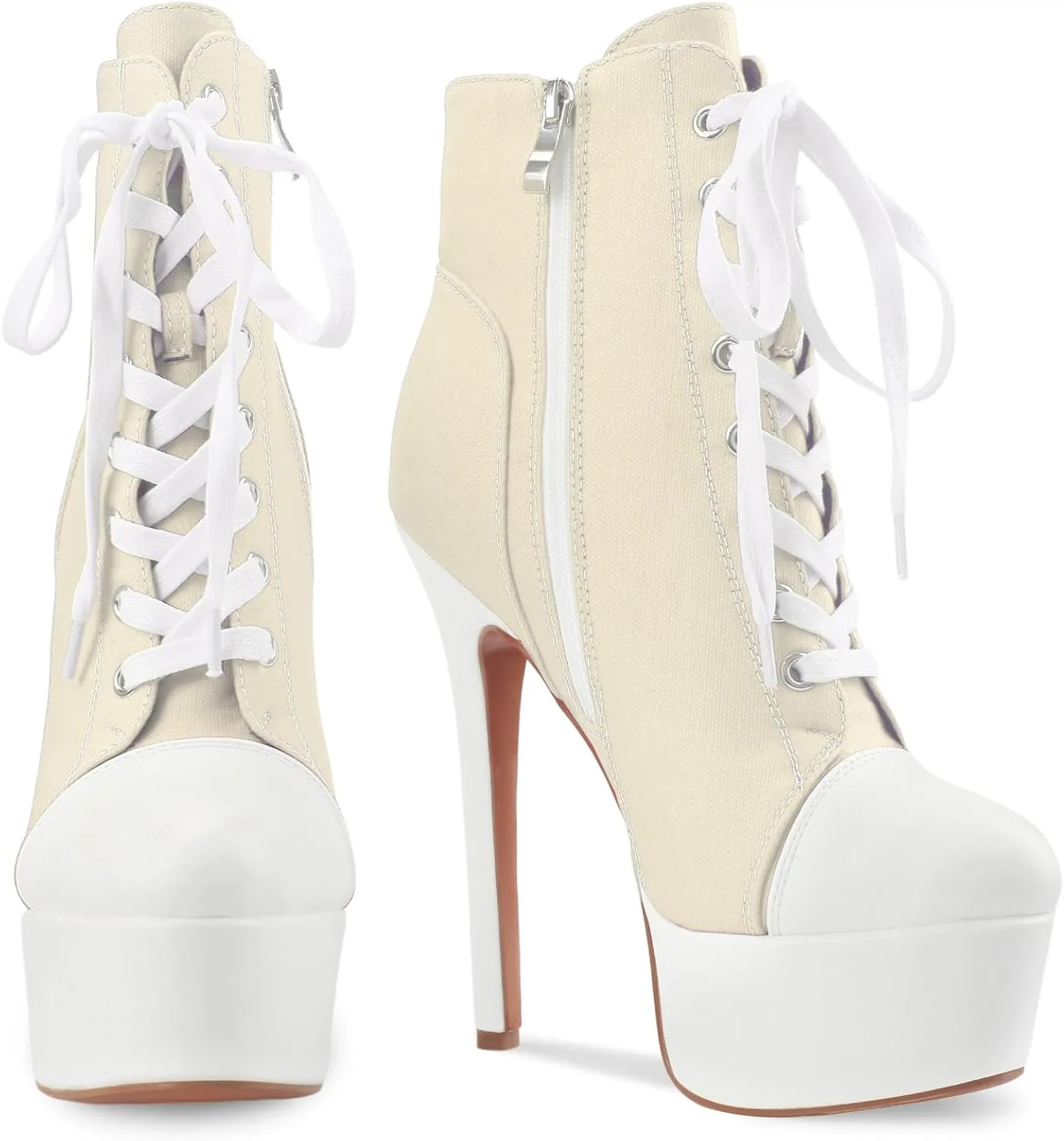 Canvas Ankle Boots Platform Lace-Up Short Boot Stiletto High Heel Closed Round Toe Sneaker Booties with Side Zipper for Women Ladies Sexy Spring Summer