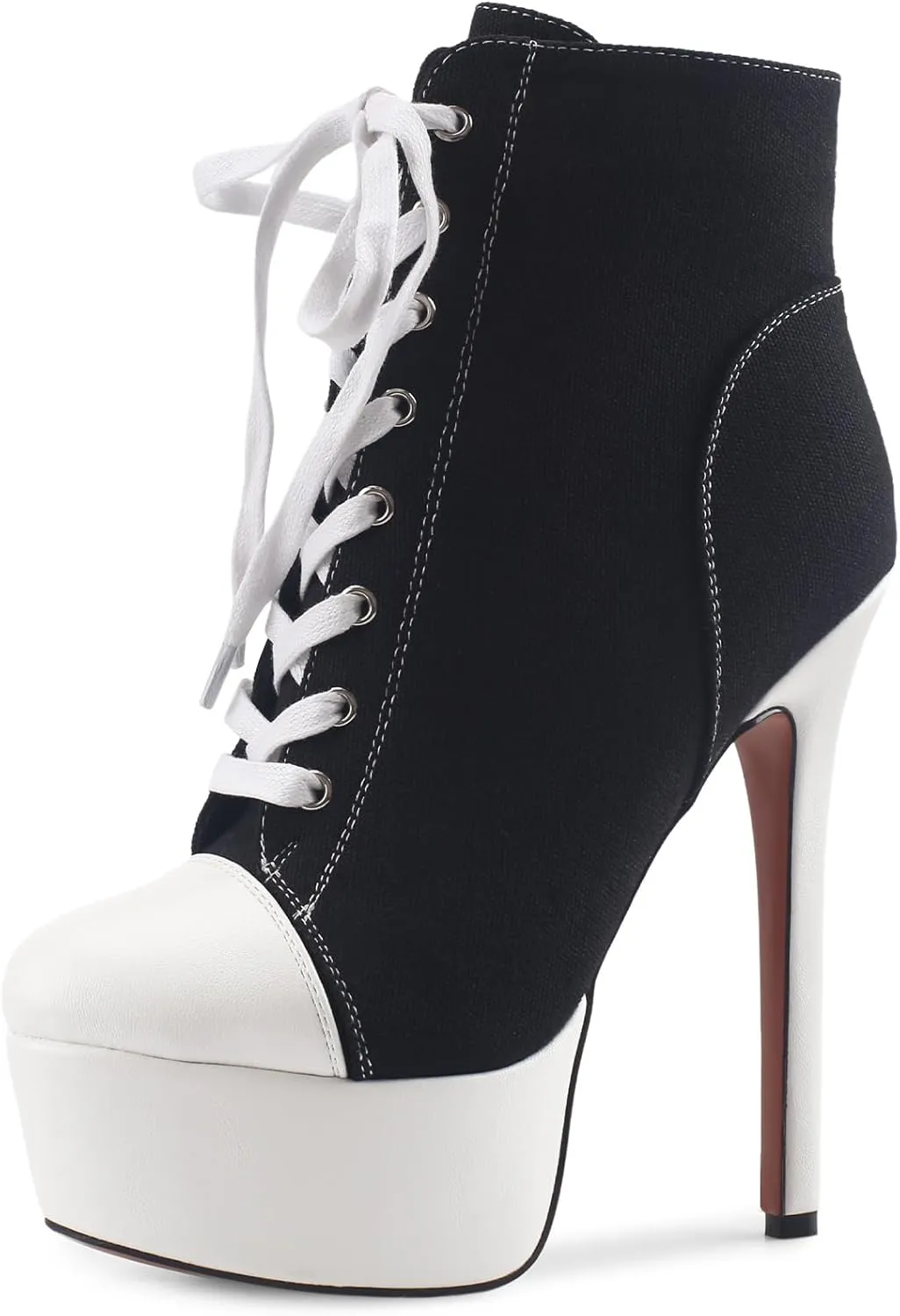 Canvas Ankle Boots Platform Lace-Up Short Boot Stiletto High Heel Closed Round Toe Sneaker Booties with Side Zipper for Women Ladies Sexy Spring Summer