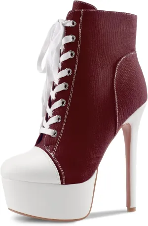 Canvas Ankle Boots Platform Lace-Up Short Boot Stiletto High Heel Closed Round Toe Sneaker Booties with Side Zipper for Women Ladies Sexy Spring Summer