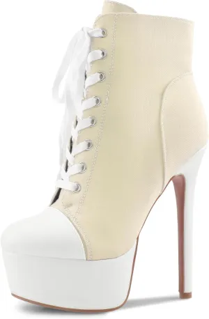 Canvas Ankle Boots Platform Lace-Up Short Boot Stiletto High Heel Closed Round Toe Sneaker Booties with Side Zipper for Women Ladies Sexy Spring Summer