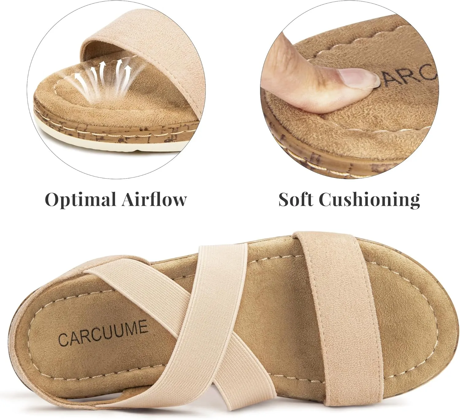 Carcuume Women's Suede Flat Sandals Elastic Slingback Slip-On with Cushioned Wedge Sole for Walking, Beach Weddings,VJAMIE-000