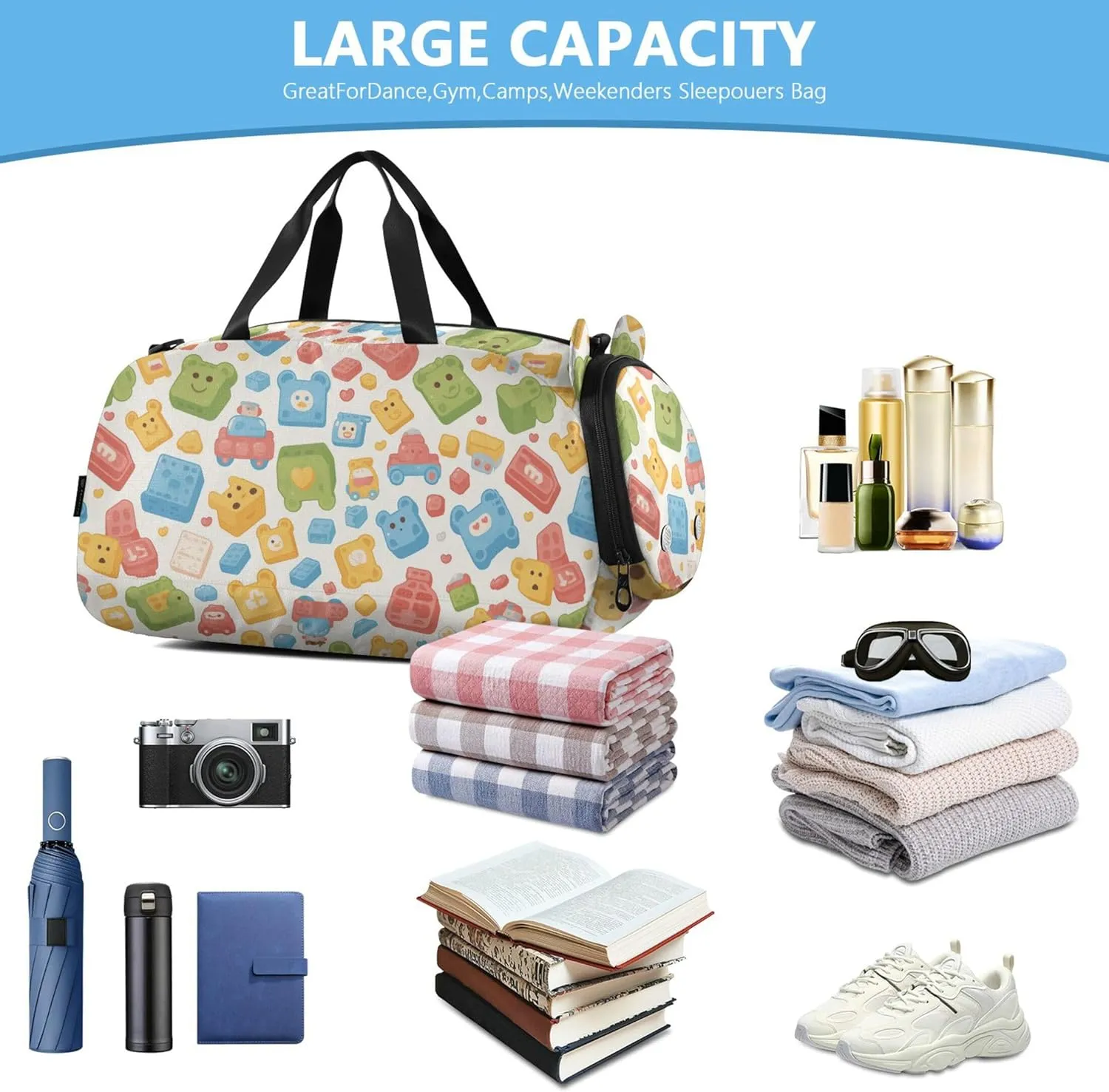 Cartoon Small Gym Bag with Shoes Compartment Multifunctional Carry On Overnight Bag for Travel, Sports, Duffel, Weekender