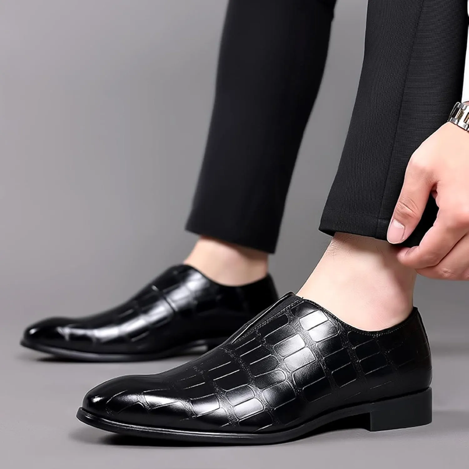 Classical Shoes for Men Slip On PU Leather Low Rubber Sole Block Heel Work Mens Wide Leather Court Shoes