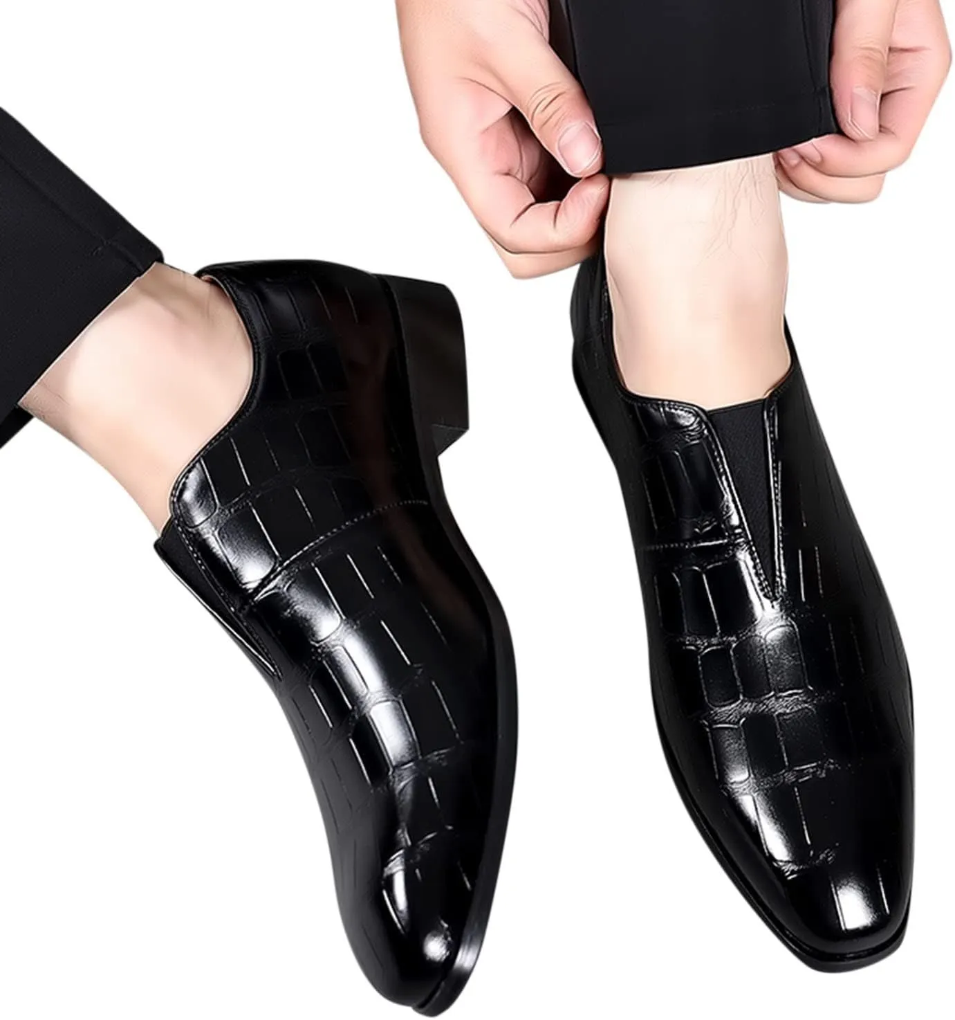 Classical Shoes for Men Slip On PU Leather Low Rubber Sole Block Heel Work Mens Wide Leather Court Shoes