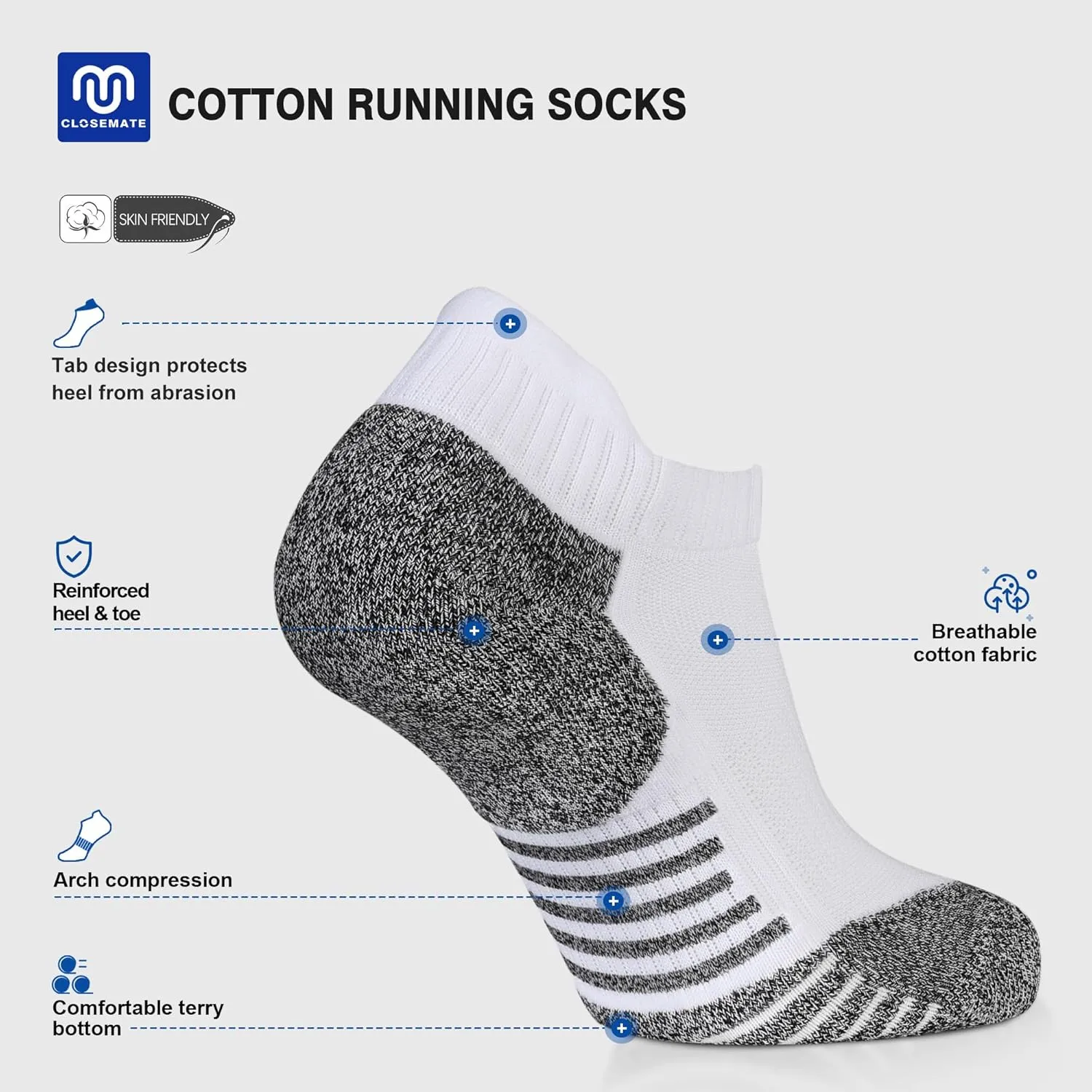 CLOSEMATE Mens Ankle Athletic Running Socks Cushioned Anti-Blister Low Cut for Sports 6 Pairs