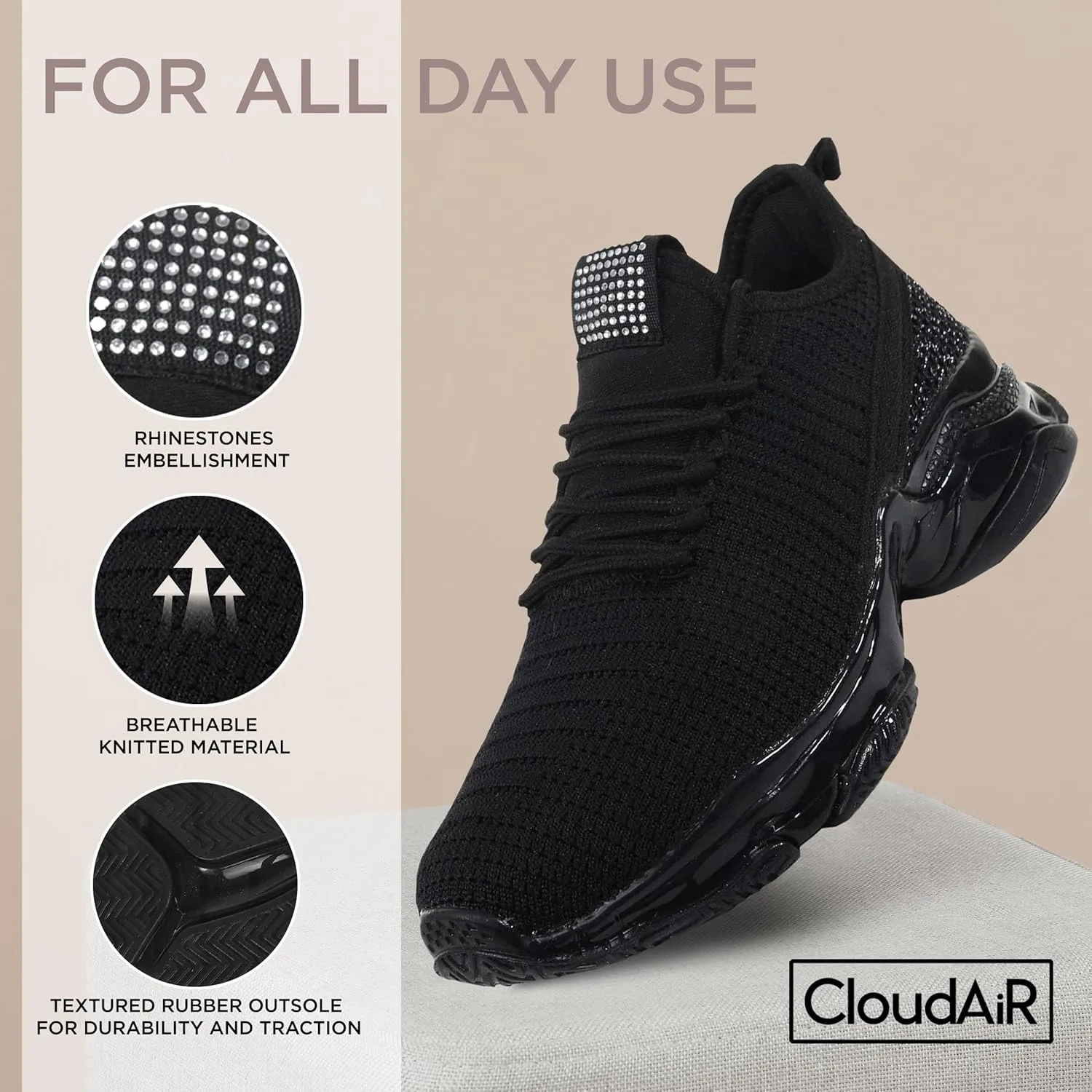 CLOUDAIR Vesta Women's Sneakers: Casual Running, Walking Arch Support Shoes, Lightweight Slip-On Sock Design, Non-Slip Work Shoes for Women, Comfortable Air Cushioned Platform Sneakers