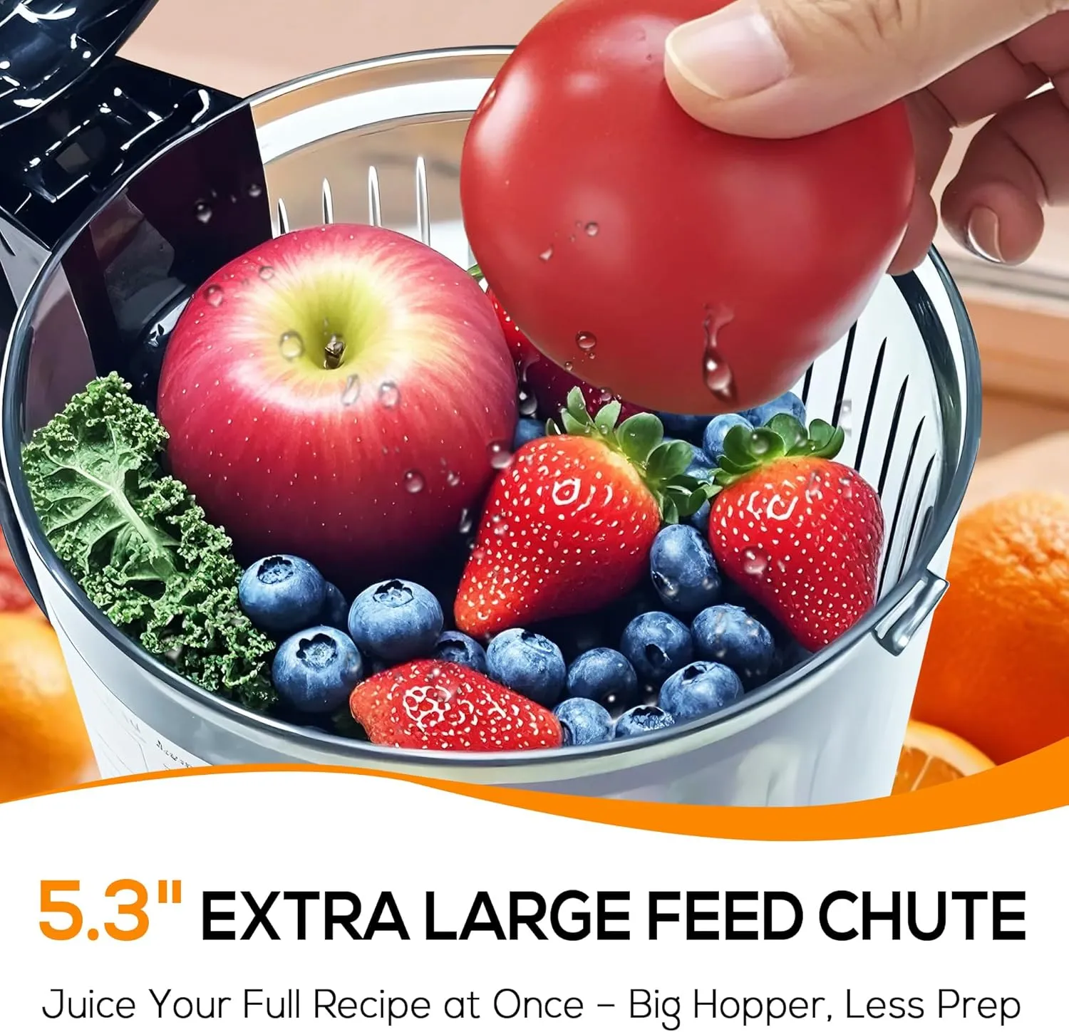 Cold Press Juicer Machines, 5.3” Large Feed Chute Slow Masticating Juicer for Whole Fruits & Vegetables, 300W Quiet Juice Extractor, Easy to Clean, Anti-Clog, No Drip, High Juice Yield