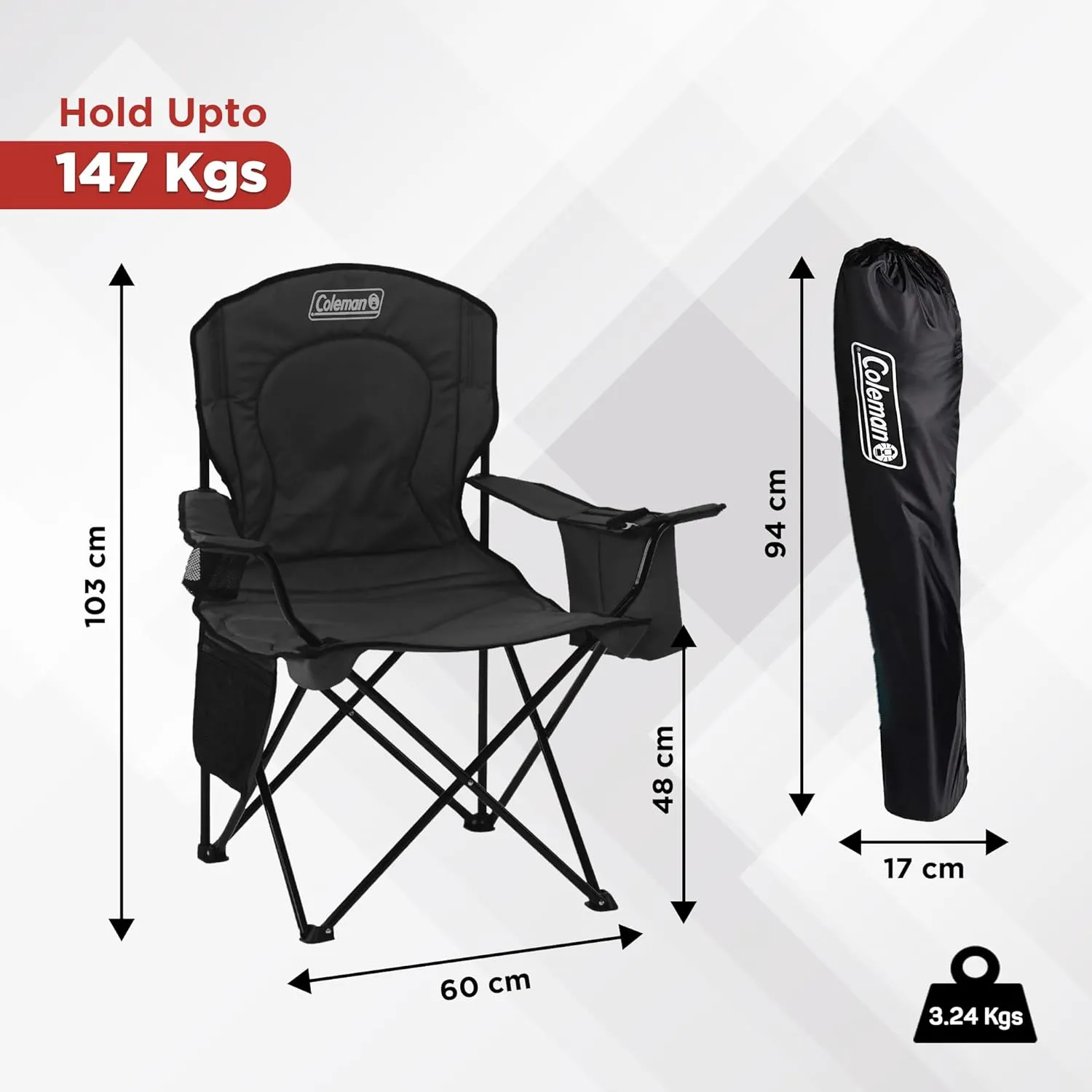 Coleman Portable Quad Camp Chair with 4-Can Cooler, Cushioned Seat & Back with Side Pockets & Cup Holder, Carry Bag Included