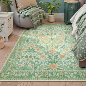 Collive 5x7 Green Butterfly Area Rug, Green Boho Floral Rug for Bedroom Washable Non Slip, Soft Ultra Thin Vintage Insect Carpet for Living Room Nursery Kids Room Playroom