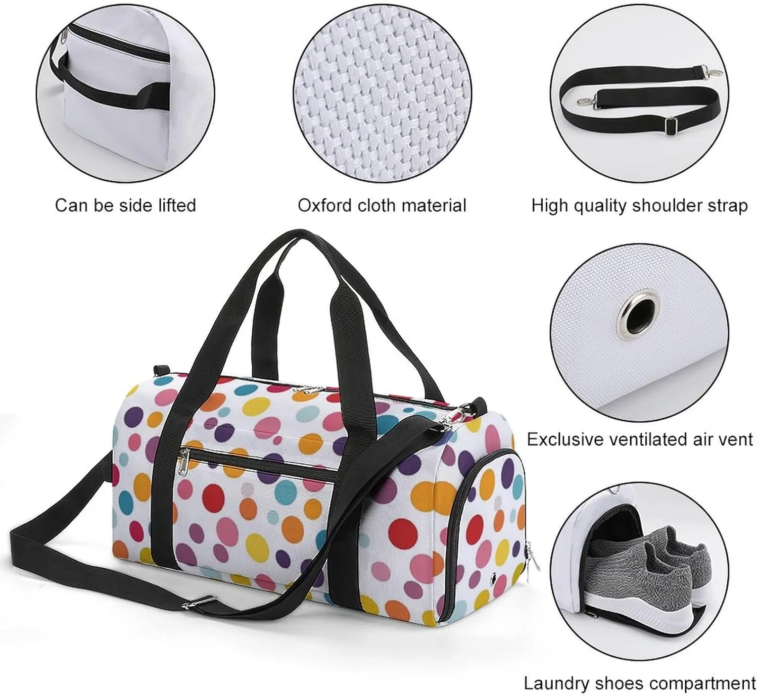 Colorful Polka Dot Pattern Fitness Large Gym Bag for Unisex with Shoe Compartment & Wet Pocket