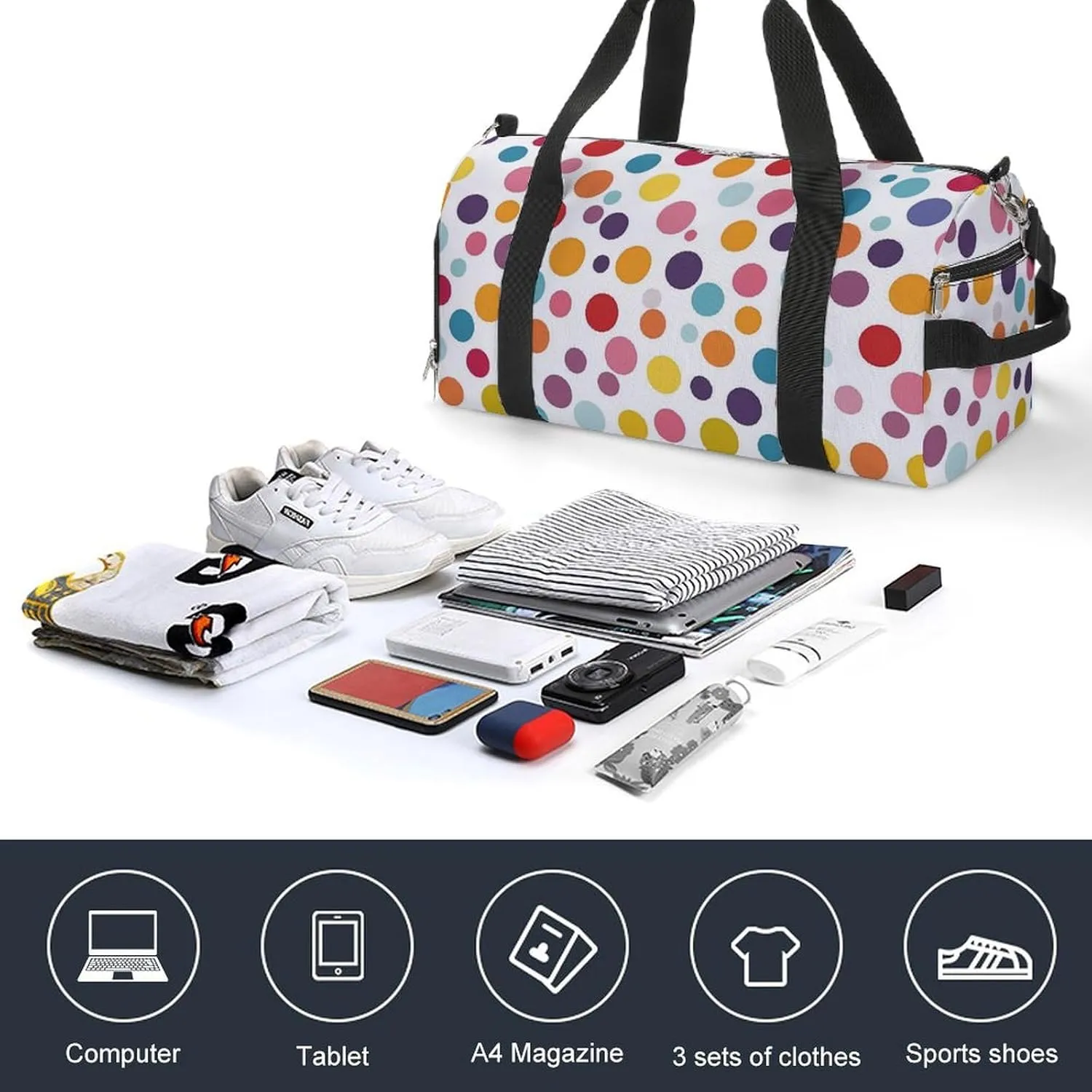 Colorful Polka Dot Pattern Fitness Large Gym Bag for Unisex with Shoe Compartment & Wet Pocket