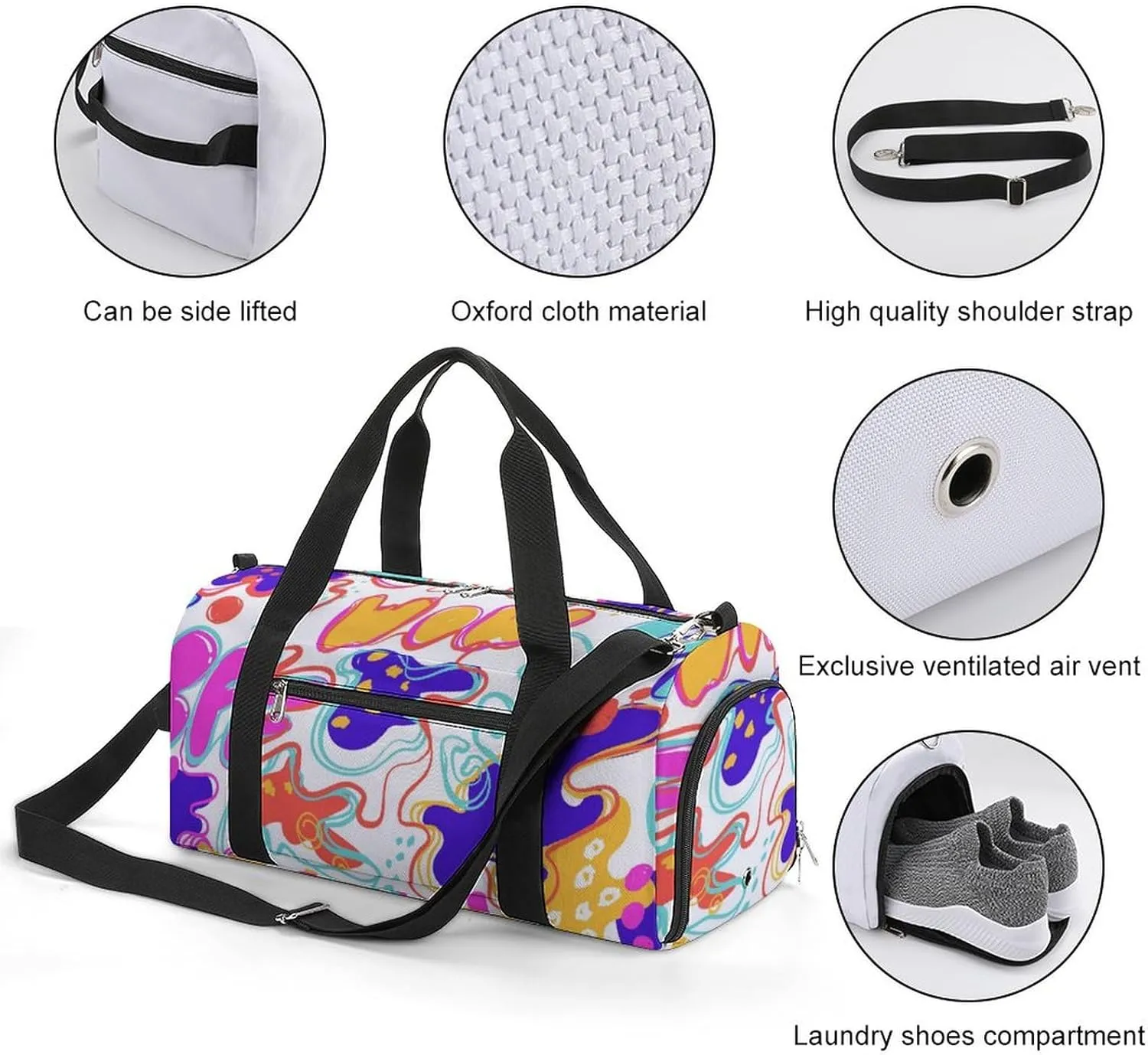 Colorful Pop Art Fitness Large Gym Bag for Unisex with Shoe Compartment & Wet Pocket