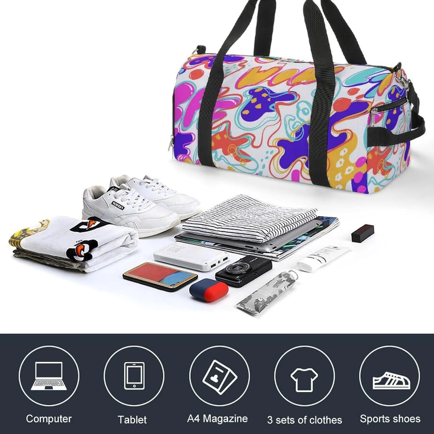 Colorful Pop Art Fitness Large Gym Bag for Unisex with Shoe Compartment & Wet Pocket