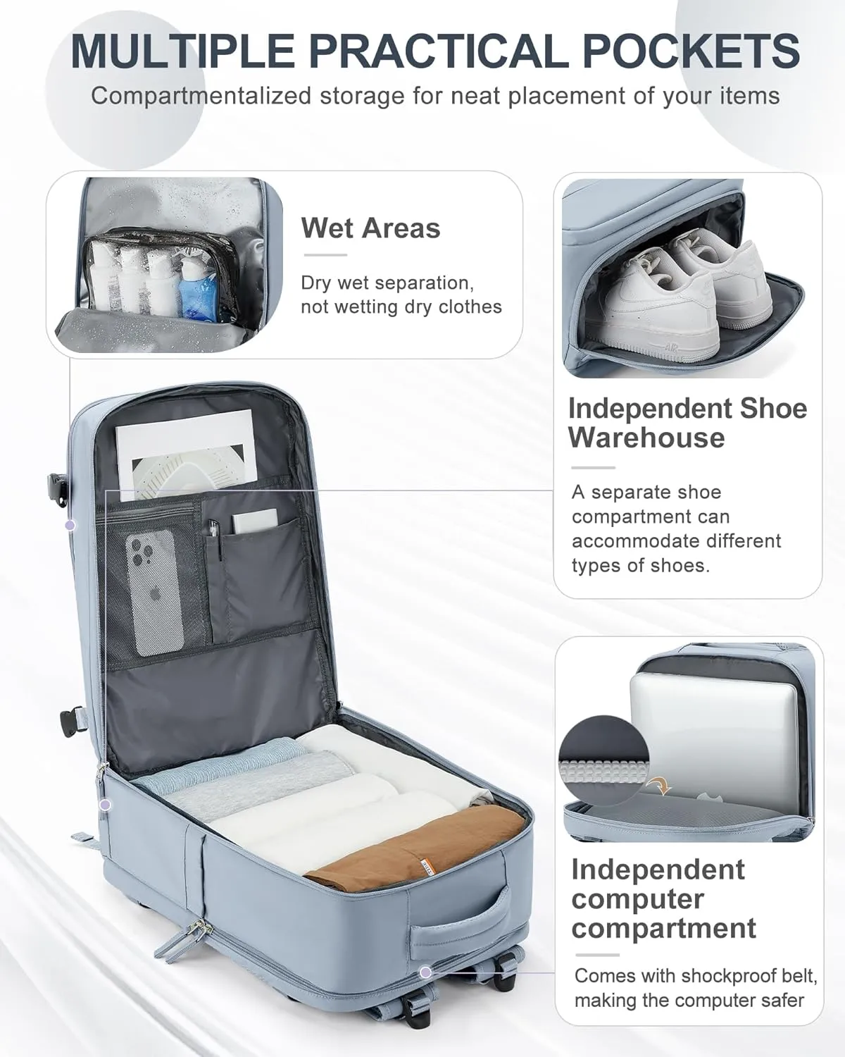 coowoz Large Travel Backpack Carry On for Women Man Waterproof Gym Backpack with Laptop Compartment Mochila de Viaje Teacher Personal Item Backpack Rucksack Airplane Accessories Must Haves (Grey Blue)