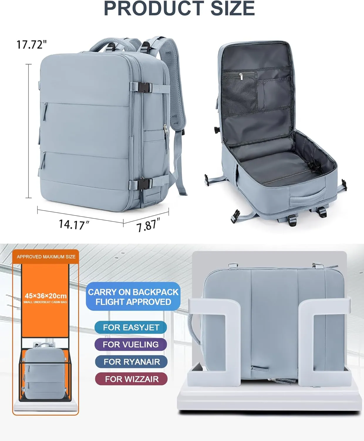 coowoz Large Travel Backpack Carry On for Women Man Waterproof Gym Backpack with Laptop Compartment Mochila de Viaje Teacher Personal Item Backpack Rucksack Airplane Accessories Must Haves (Grey Blue)