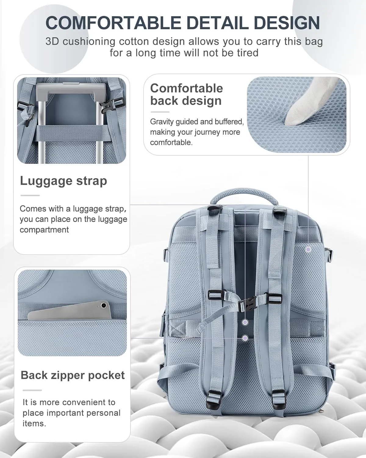 coowoz Large Travel Backpack Carry On for Women Man Waterproof Gym Backpack with Laptop Compartment Mochila de Viaje Teacher Personal Item Backpack Rucksack Airplane Accessories Must Haves (Grey Blue)
