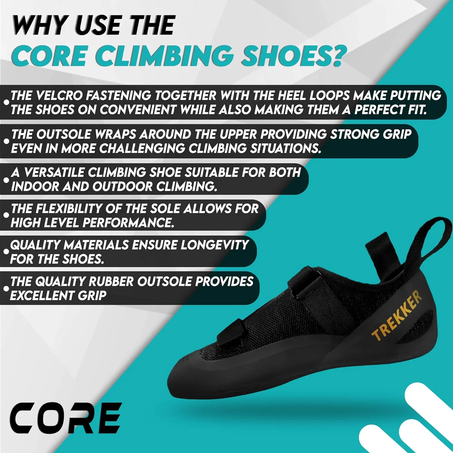 Core Climbing Shoes - Lightweight Breathable Rock Shoes With Dual-Strap Closure - Snug Fit Non-Slip for Wall and Hiking