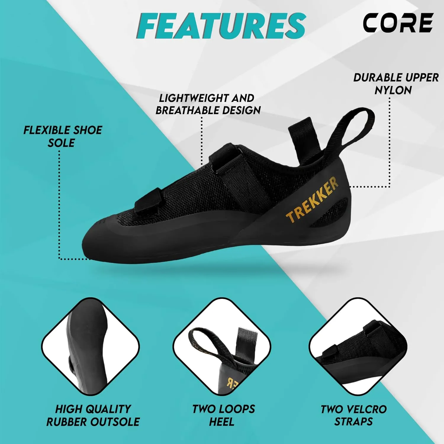Core Climbing Shoes - Lightweight Breathable Rock Shoes With Dual-Strap Closure - Snug Fit Non-Slip for Wall and Hiking