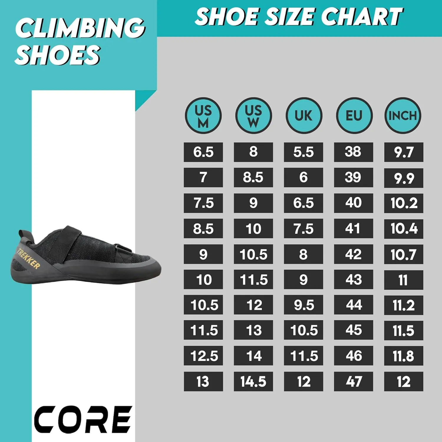 Core Climbing Shoes - Lightweight Breathable Rock Shoes With Dual-Strap Closure - Snug Fit Non-Slip for Wall and Hiking