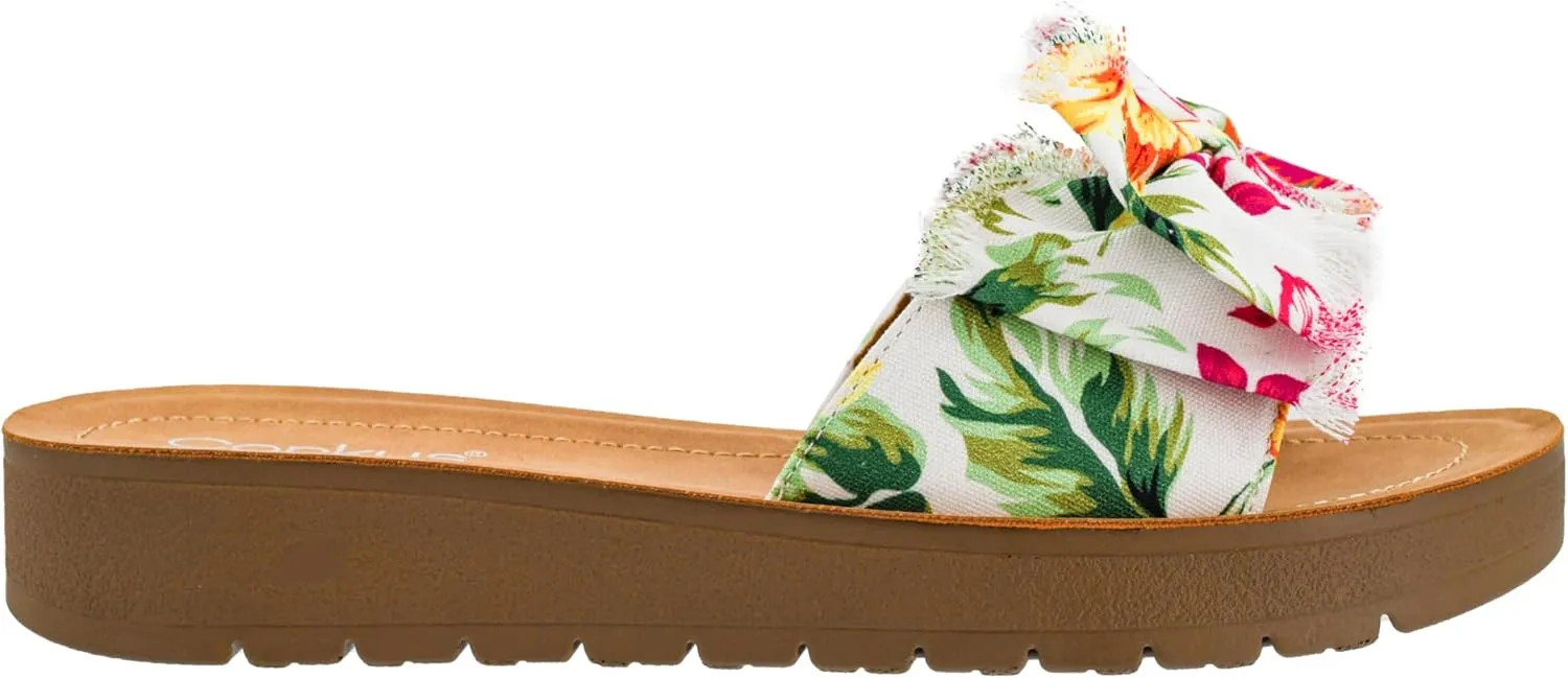 Corkys Footwear Spray Tan Sandal - Comfortable And Cushioned Insoles, Wide Strap with Bow, Frayed Edges On Upper, Open Toe, Easy And Convenient Slip-On Design