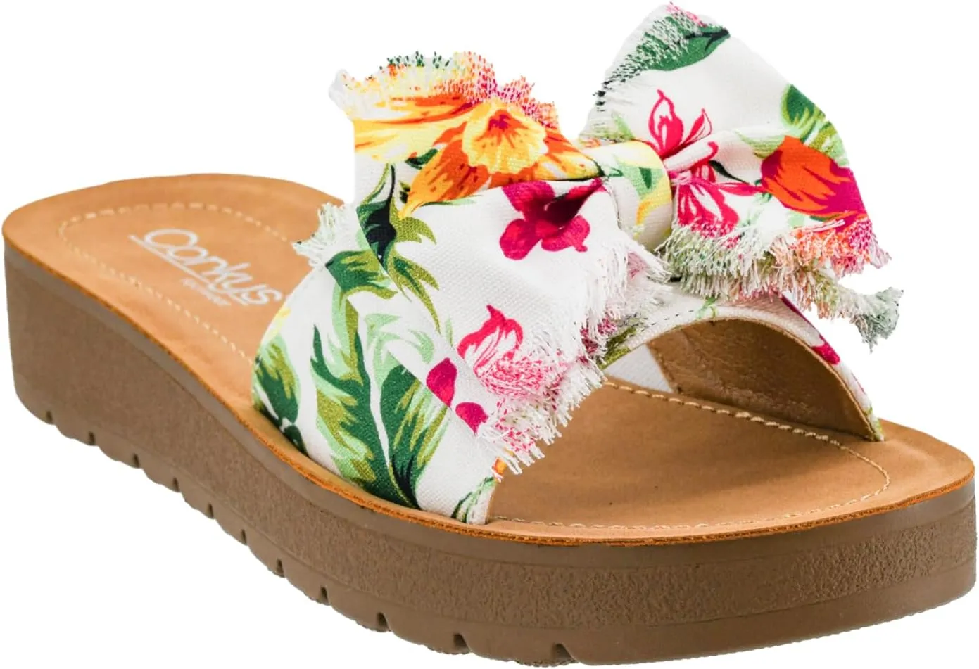 Corkys Footwear Spray Tan Sandal - Comfortable And Cushioned Insoles, Wide Strap with Bow, Frayed Edges On Upper, Open Toe, Easy And Convenient Slip-On Design