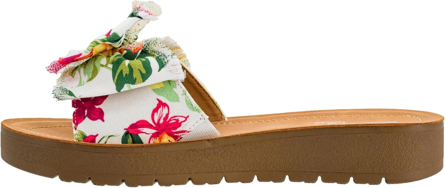 Corkys Footwear Spray Tan Sandal - Comfortable And Cushioned Insoles, Wide Strap with Bow, Frayed Edges On Upper, Open Toe, Easy And Convenient Slip-On Design