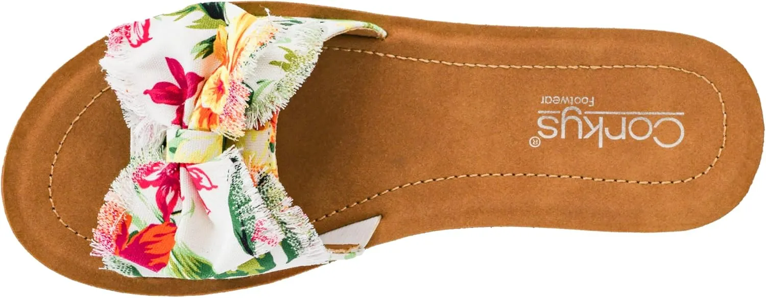 Corkys Footwear Spray Tan Sandal - Comfortable And Cushioned Insoles, Wide Strap with Bow, Frayed Edges On Upper, Open Toe, Easy And Convenient Slip-On Design