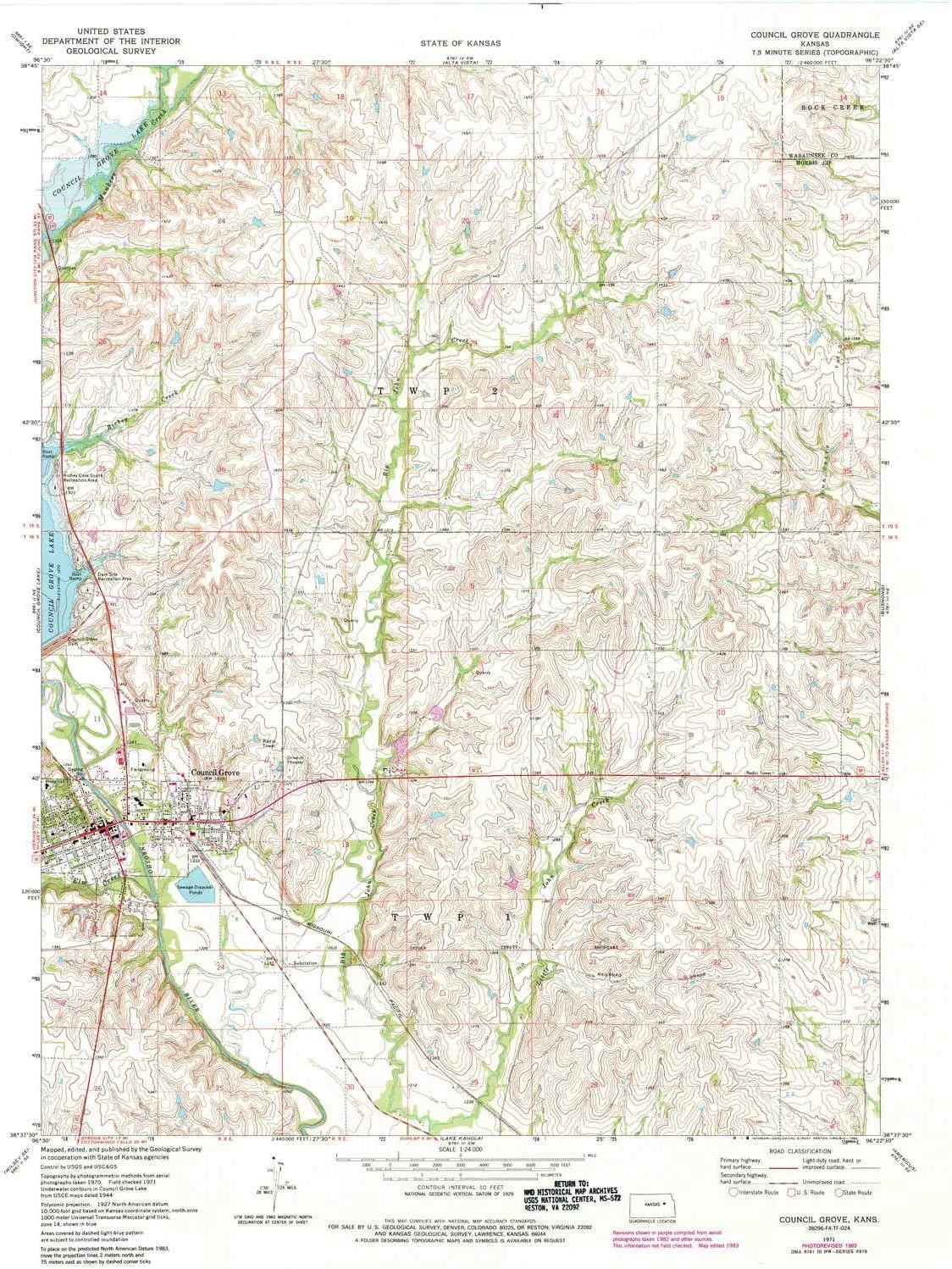 Council Grove KS topo map, 1:24000 Scale, 7.5 X 7.5 Minute, Historical, 1971, Updated 1984, 27.03 x 21.08 in