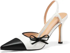 Coutgo Womens Slingback High Heels Bow Tie Closed Pointed Toe Sexy Stiletto Two Tone Dress Pumps Shoes