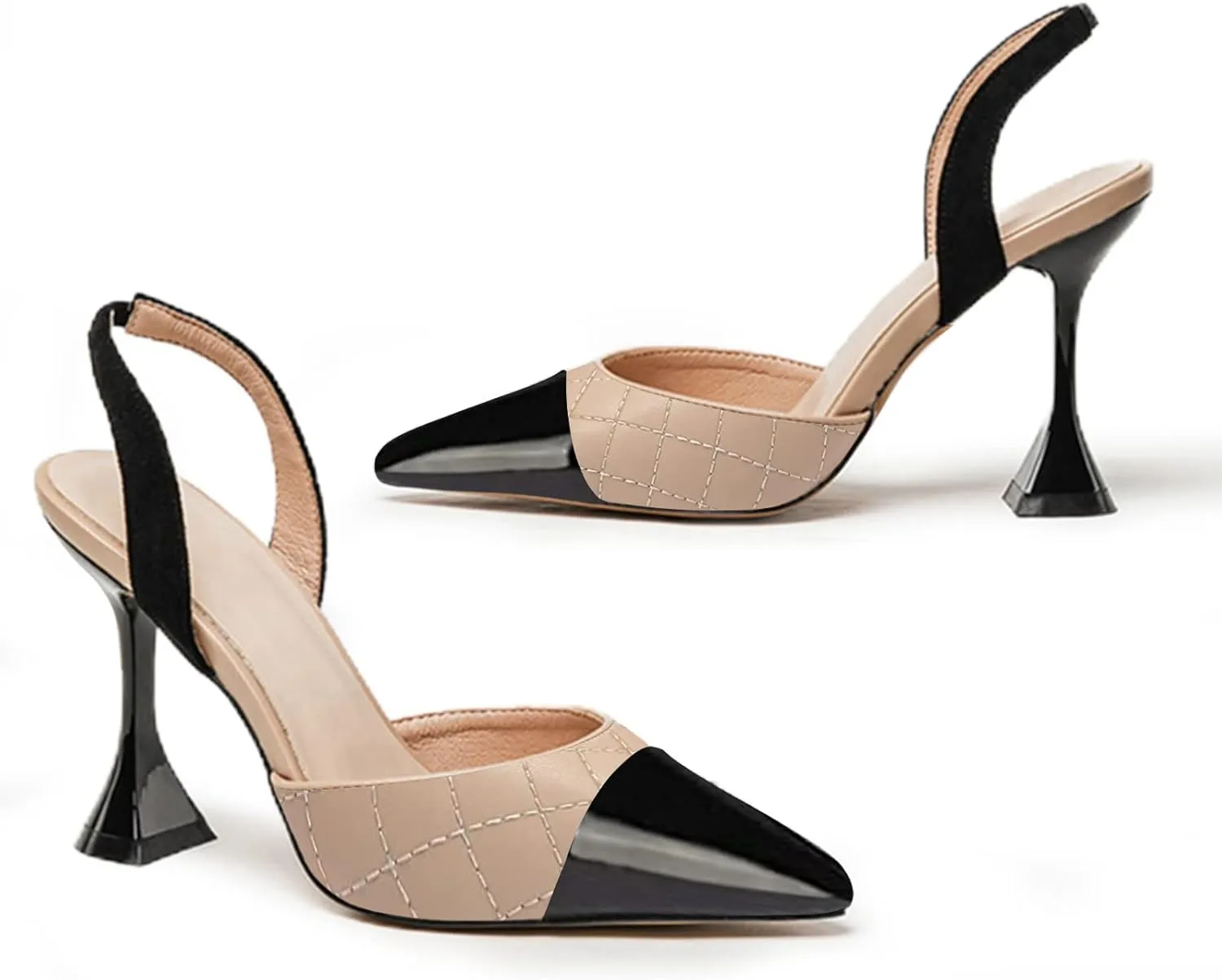 Coutgo Women's Slingback Pumps Pointed Toe Slip On Stiletto Heels Patchwork Dress Party Shoes