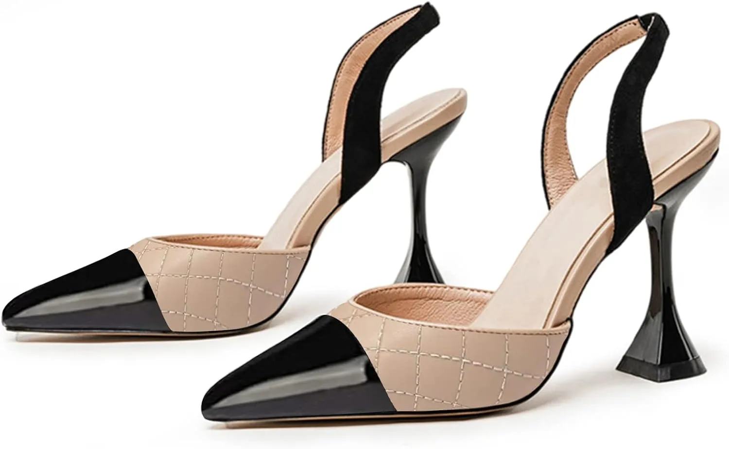 Coutgo Women's Slingback Pumps Pointed Toe Slip On Stiletto Heels Patchwork Dress Party Shoes