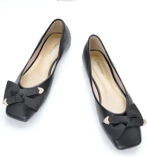 C.Paravano Women's Square Toe Flats, Black Flower Leather Slip-On Dress Shoes, Size 6.5